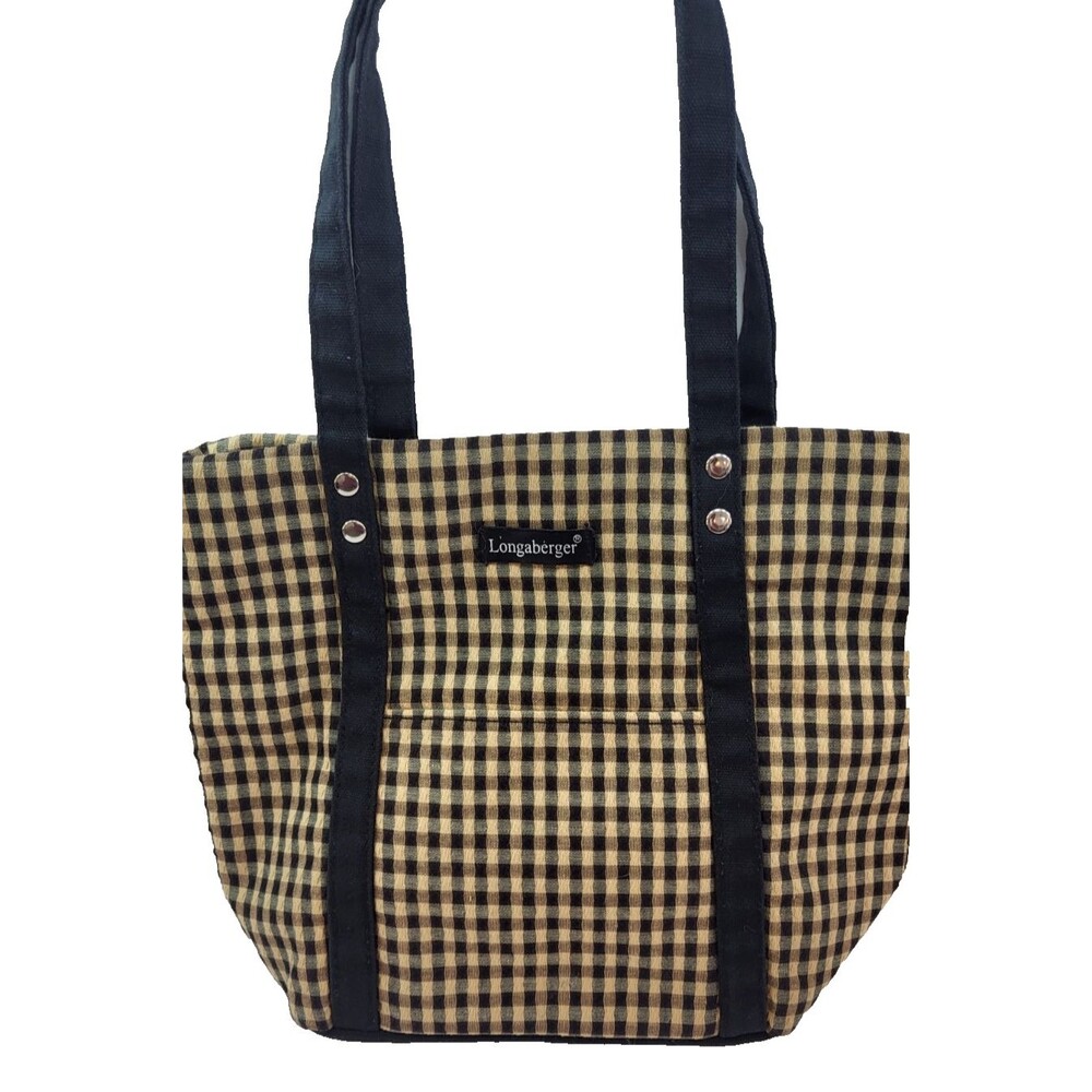 Longaberger Homestead Canvas Tote Bag Black Tan Gingham Check Farmhouse Purse